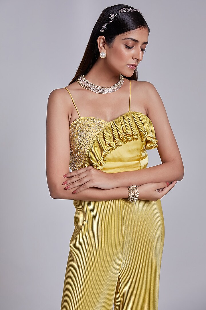 Yellow Crepe & Crush Satin Silk Pant Set by Rajkumari and Suresh at Pernia's Pop Up Shop