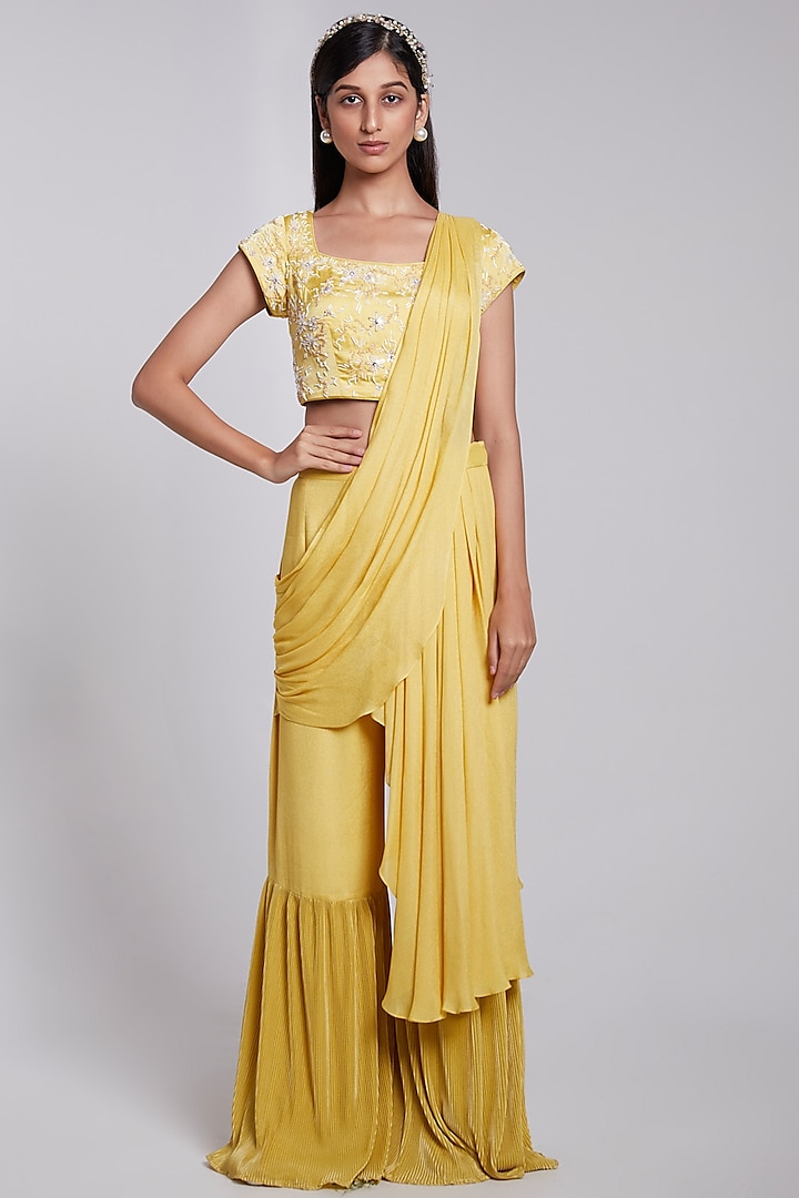 Yellow Crepe & Crush Satin Silk Pant Saree Set by Rajkumari and Suresh