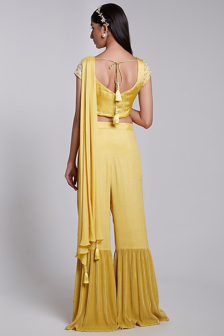 Yellow Crepe & Crush Satin Silk Pant Wedding Saree Set by Rajkumari and Suresh at Pernia's Pop Up Shop
