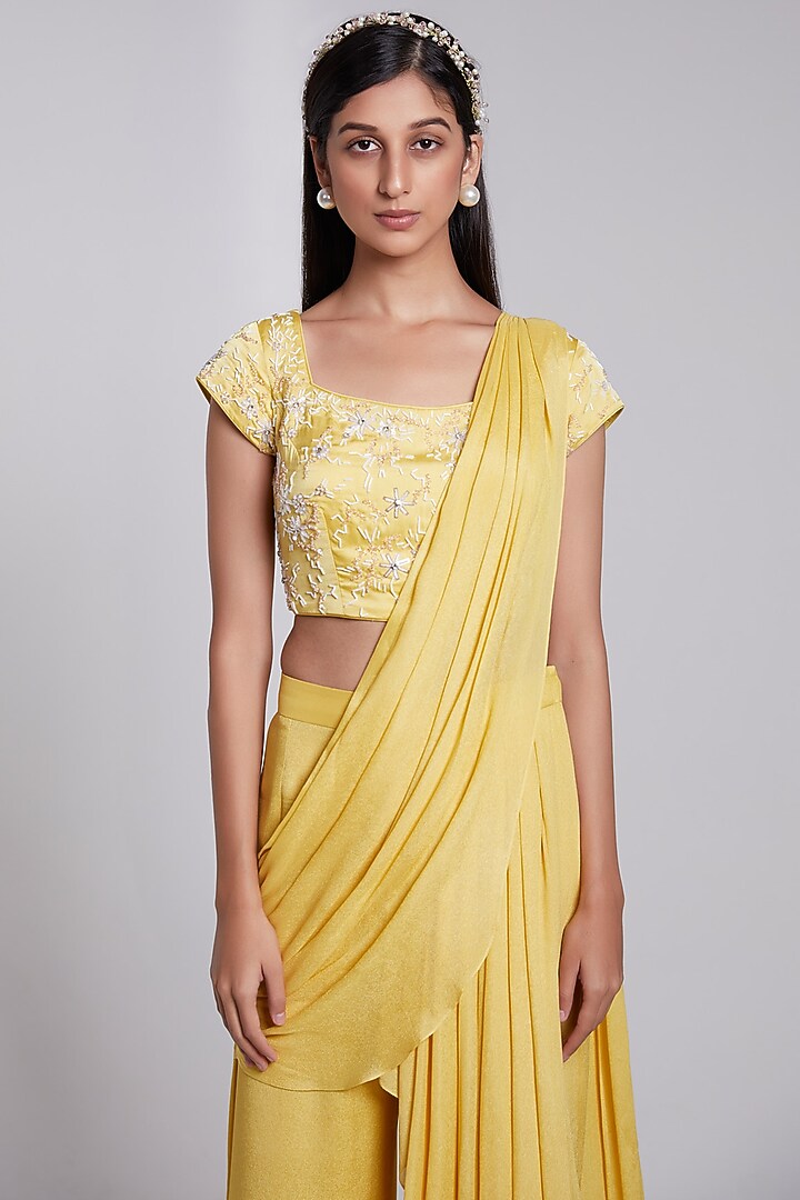 Yellow Crepe & Crush Satin Silk Pant Wedding Saree Set by Rajkumari and Suresh at Pernia's Pop Up Shop