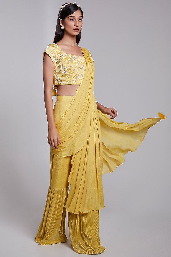 Yellow Crepe & Crush Satin Silk Pant Wedding Saree Set by Rajkumari and Suresh at Pernia's Pop Up Shop
