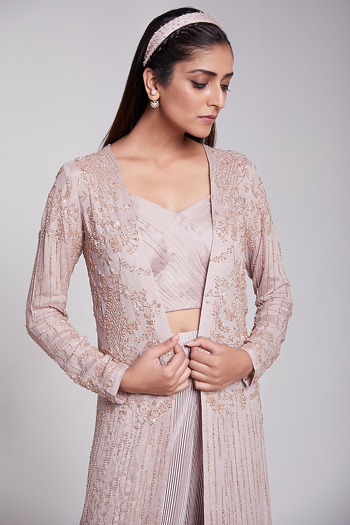 Rosy Smoke Sequinned Jacket Set by Rajkumari and Suresh at Pernia's Pop Up Shop