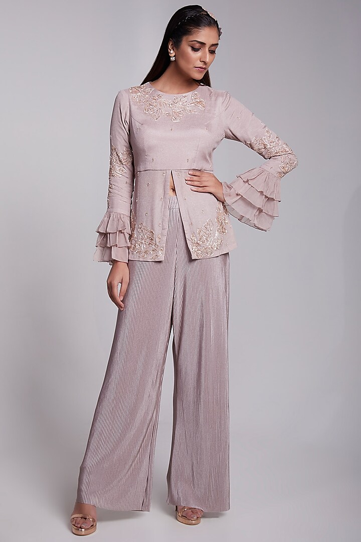 Rosy Smoke Crepe & Crush Satin Silk Pant Set by Rajkumari and Suresh at Pernia's Pop Up Shop