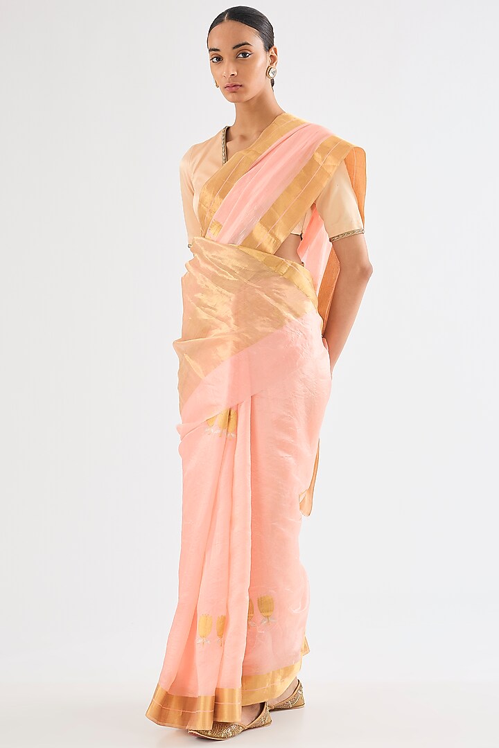 Pale Pink Chanderi Silk Lotus Boota Wedding Saree by Raw Mango at Pernia's Pop Up Shop