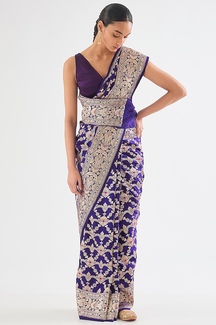 Purple Varanasi Silk Brocade Boota Saree by Raw Mango at Pernia's Pop Up Shop