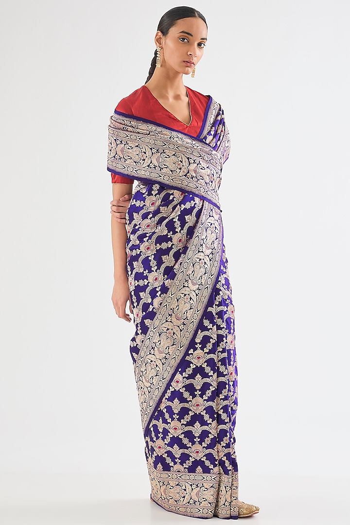 Purple Varanasi Silk Brocade Boota Saree by Raw Mango at Pernia's Pop Up Shop