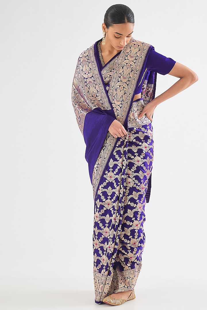 Purple Varanasi Silk Brocade Boota Saree by Raw Mango at Pernia's Pop Up Shop