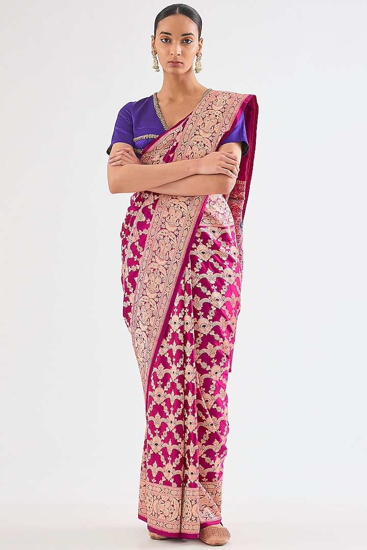 Rani Pink Varanasi Silk Brocade Boota Saree by Raw Mango at Pernia's Pop Up Shop