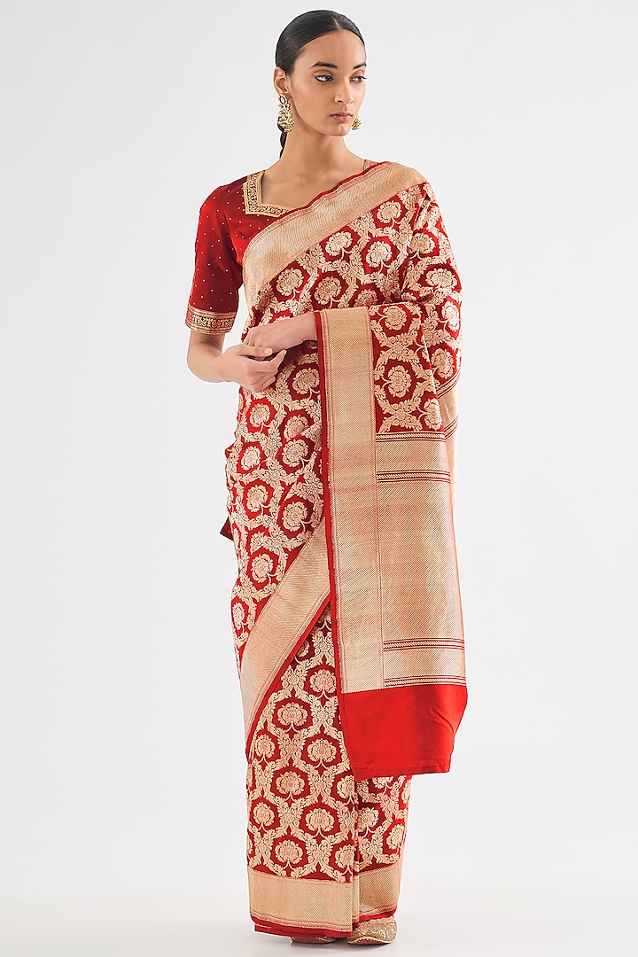 Red Varanasi Silk Brocade Floral Boota Saree by Raw Mango at Pernia's Pop Up Shop