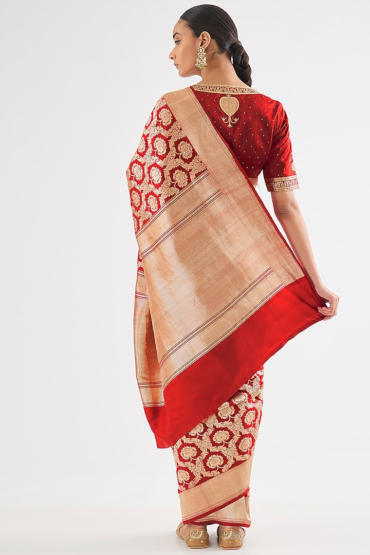 Red Varanasi Silk Brocade Floral Boota Reception Saree by Raw Mango at Pernia's Pop Up Shop