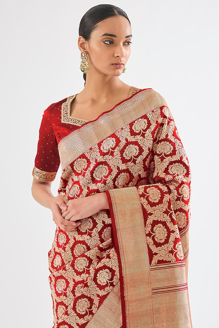 Red Varanasi Silk Brocade Floral Boota Reception Saree by Raw Mango at Pernia's Pop Up Shop