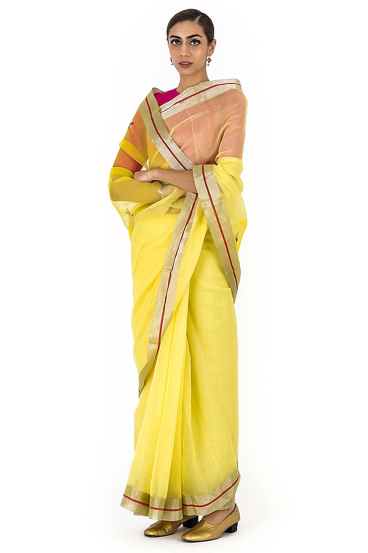 Lime Chanderi Cotton Floral Motif Handwoven Saree by Raw Mango