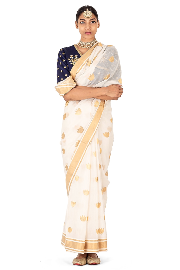 White Chanderi Silk Floral Boota Handwoven Saree by Raw Mango at Pernia's Pop Up Shop