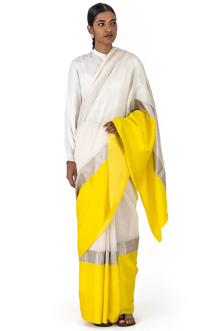 White & Lime Chanderi Cotton Silk Handwoven Saree by Raw Mango at Pernia's Pop Up Shop