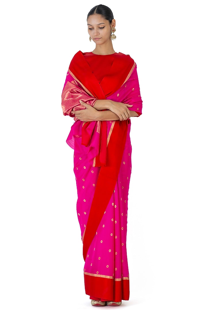 Rani & Red Chanderi Silk Coin Motif Handwoven Wedding Saree by Raw Mango at Pernia's Pop Up Shop