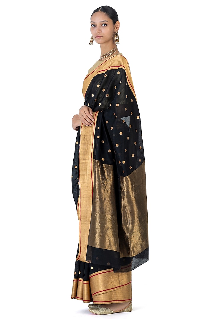 Black & Gold Chanderi Silk Coin Motif Handwoven Saree by Raw Mango at Pernia's Pop Up Shop