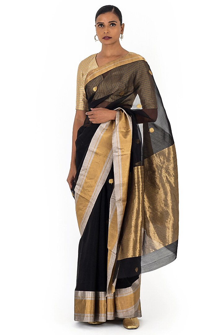 Black Chanderi Silk Organza Floral Motif Handwoven Party Wear Saree by Raw Mango at Pernia's Pop Up Shop