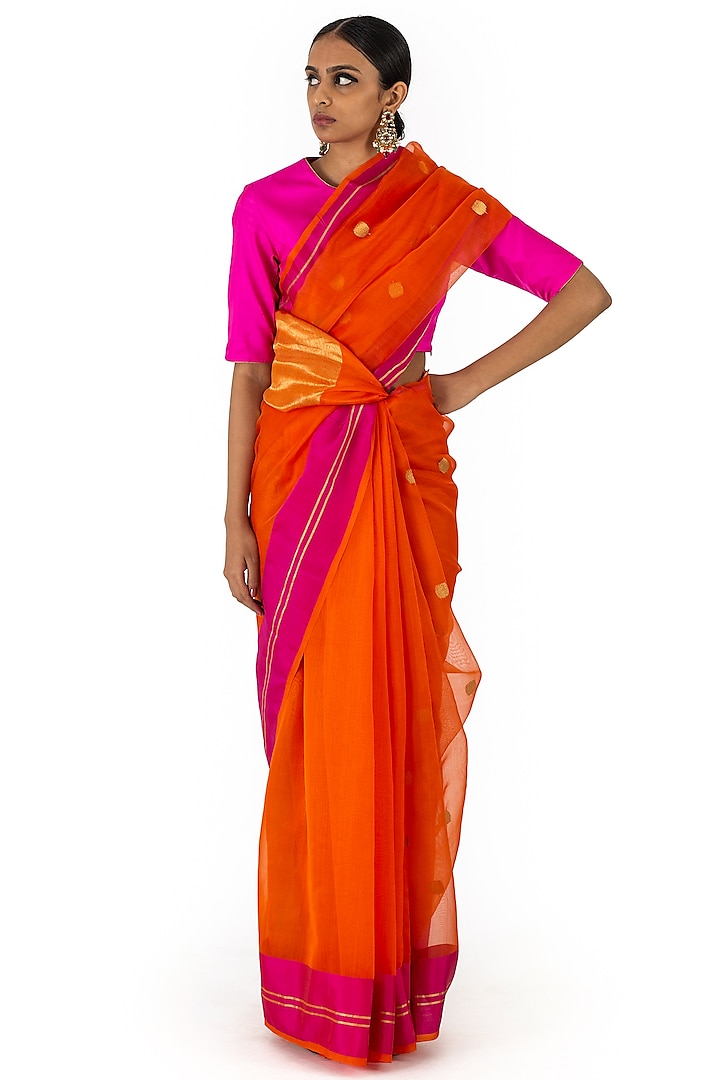 Orange Chanderi Silk Organza Floral Motif Handwoven Saree by Raw Mango