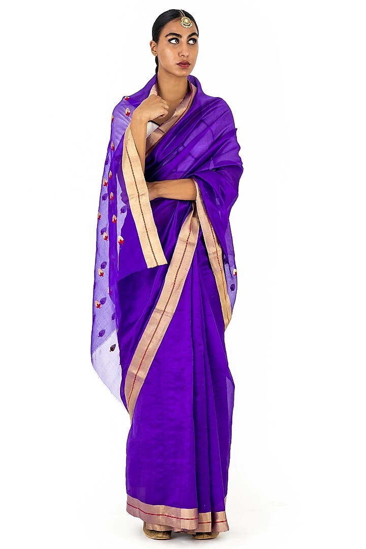 Purple Chanderi Silk Floral Boota Handwoven Saree by Raw Mango