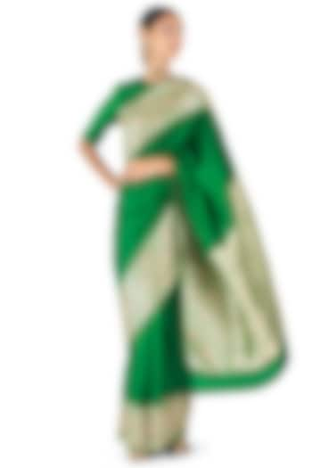 Emerald Green Silk Brocade Zari Border Handwoven Saree by Raw Mango at Pernia's Pop Up Shop