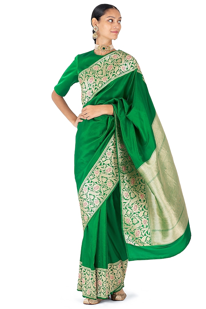 Emerald Green Silk Brocade Zari Border Handwoven Saree by Raw Mango at Pernia's Pop Up Shop