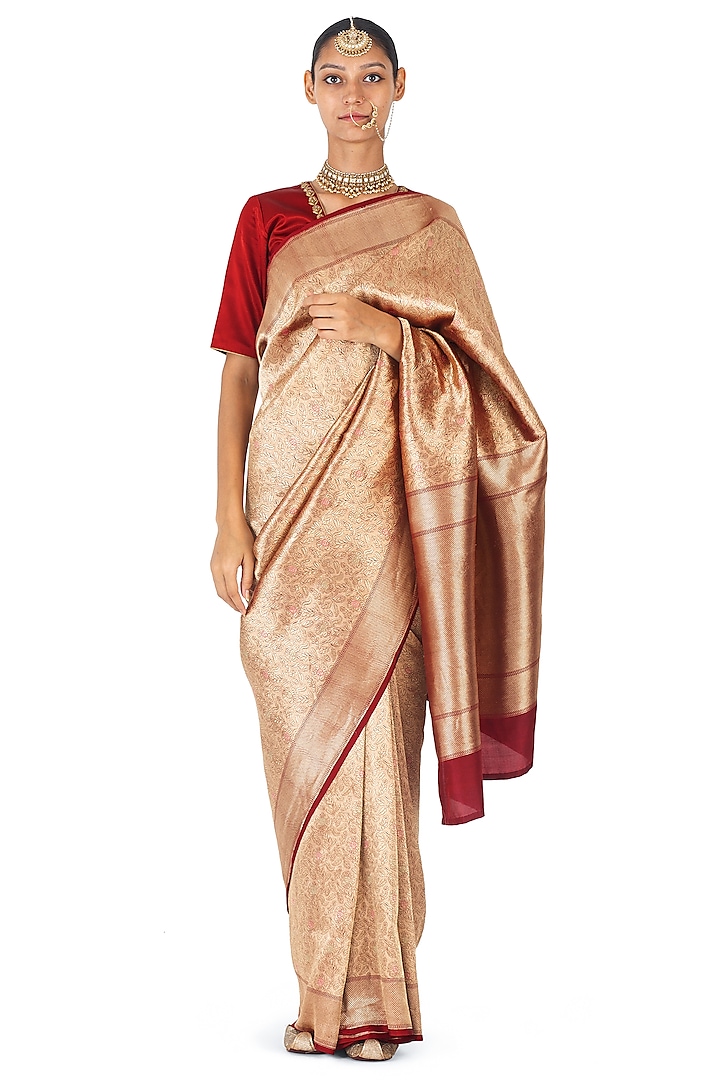 Red Silk Brocade Floral Jaal Handwoven Saree by Raw Mango at Pernia's Pop Up Shop