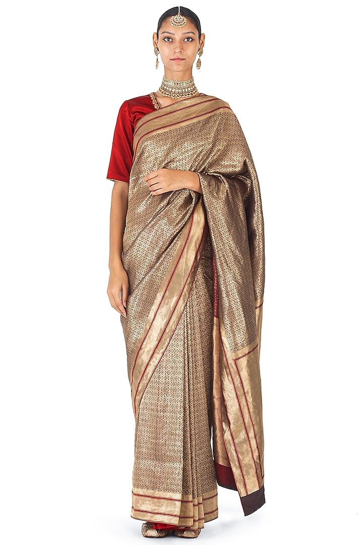 Gold Silk Brocade Floral Boota Handwoven Wedding Saree by Raw Mango at Pernia's Pop Up Shop