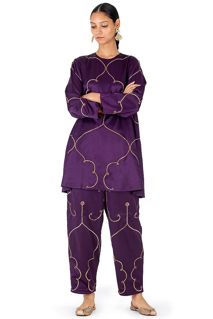Deep Purple Satin Silk Dori Work & Sequins Hand Embroidered Kurta Set by Raw Mango at Pernia's Pop Up Shop