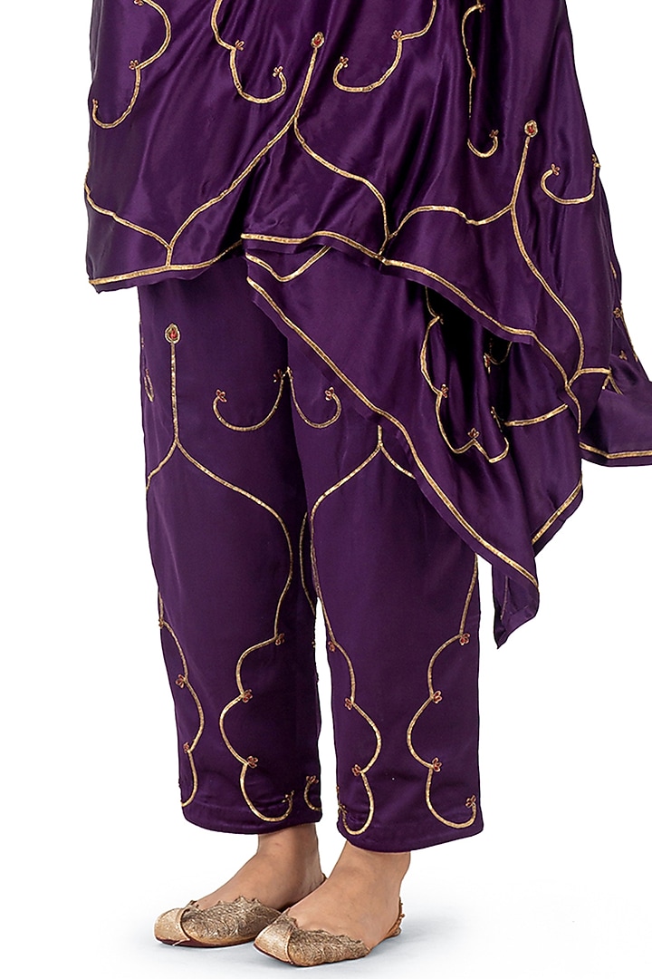 Deep Purple Satin Silk Dori Work & Sequins Hand Embroidered Kurta Set by Raw Mango at Pernia's Pop Up Shop