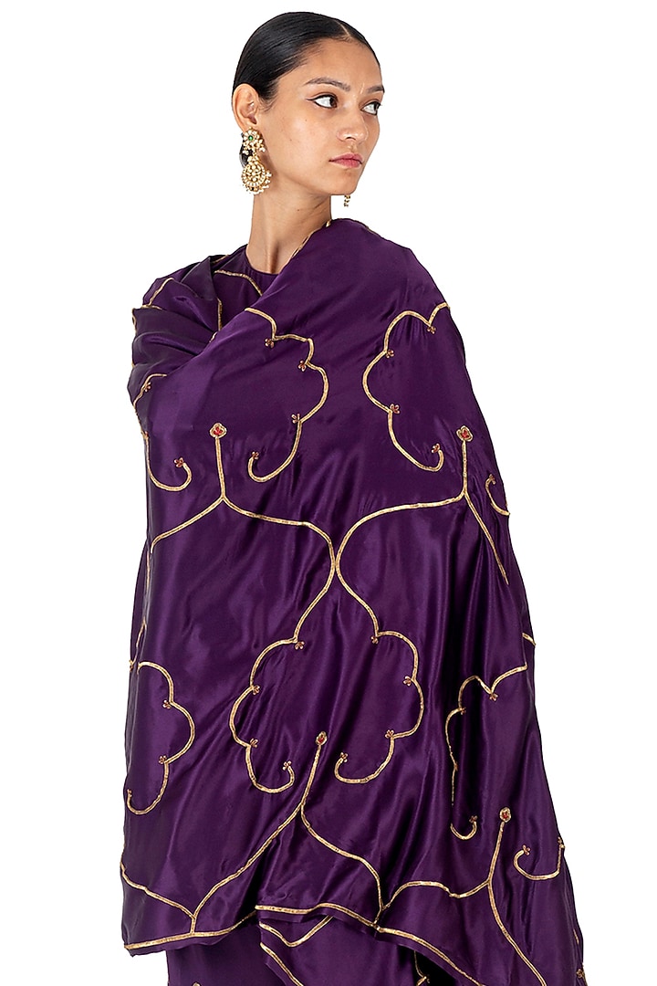 Deep Purple Satin Silk Dori Work & Sequins Hand Embroidered Kurta Set by Raw Mango at Pernia's Pop Up Shop