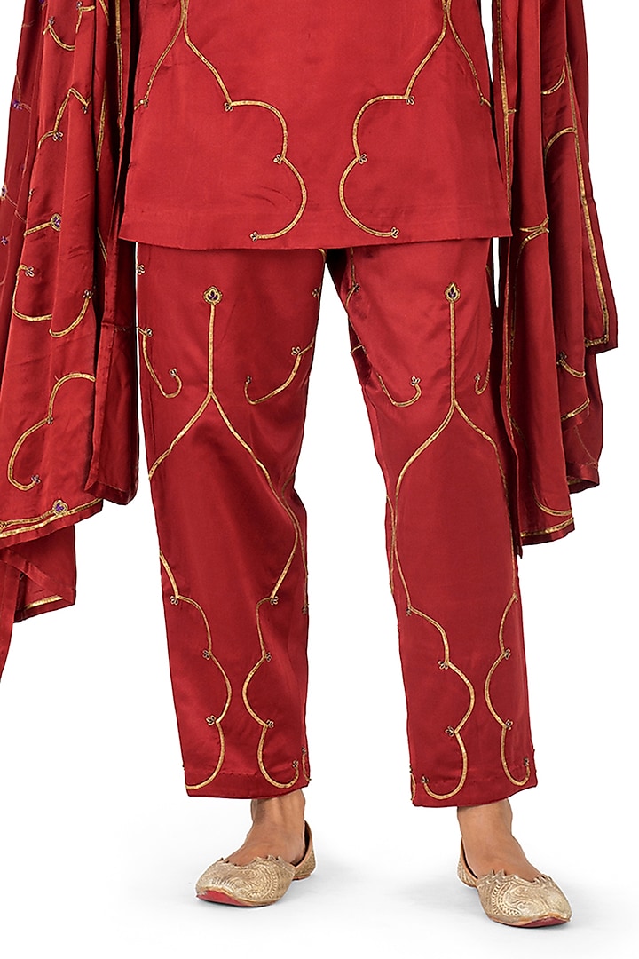 Brick Red Satin Silk Dori Work & Sequins Hand Embroidered Kurta Set by Raw Mango at Pernia's Pop Up Shop