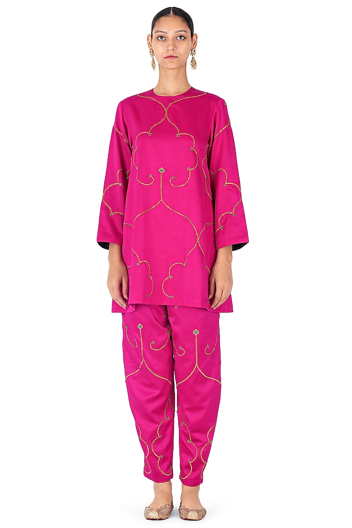 Rani Pink Satin Silk Dori Work & Sequins Hand Embroidered Kurta Set by Raw Mango