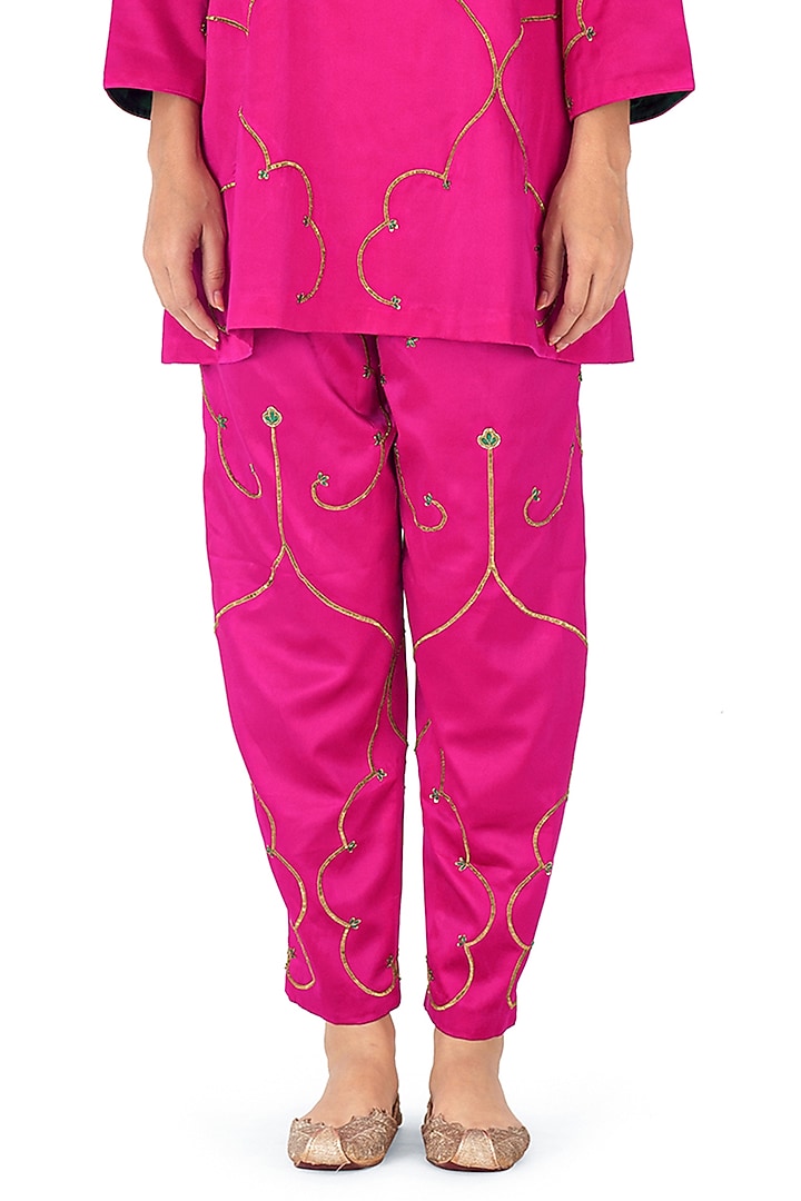 Rani Pink Satin Silk Dori Work & Sequins Hand Embroidered Kurta Set by Raw Mango at Pernia's Pop Up Shop