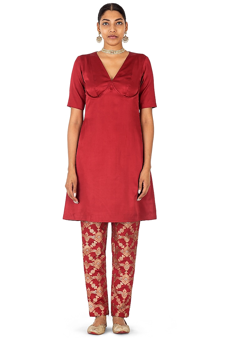 Red Satin Silk Kurta Set by Raw Mango at Pernia's Pop Up Shop