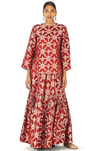Red Silk Brocade Floral Jaal Gharara Set by Raw Mango