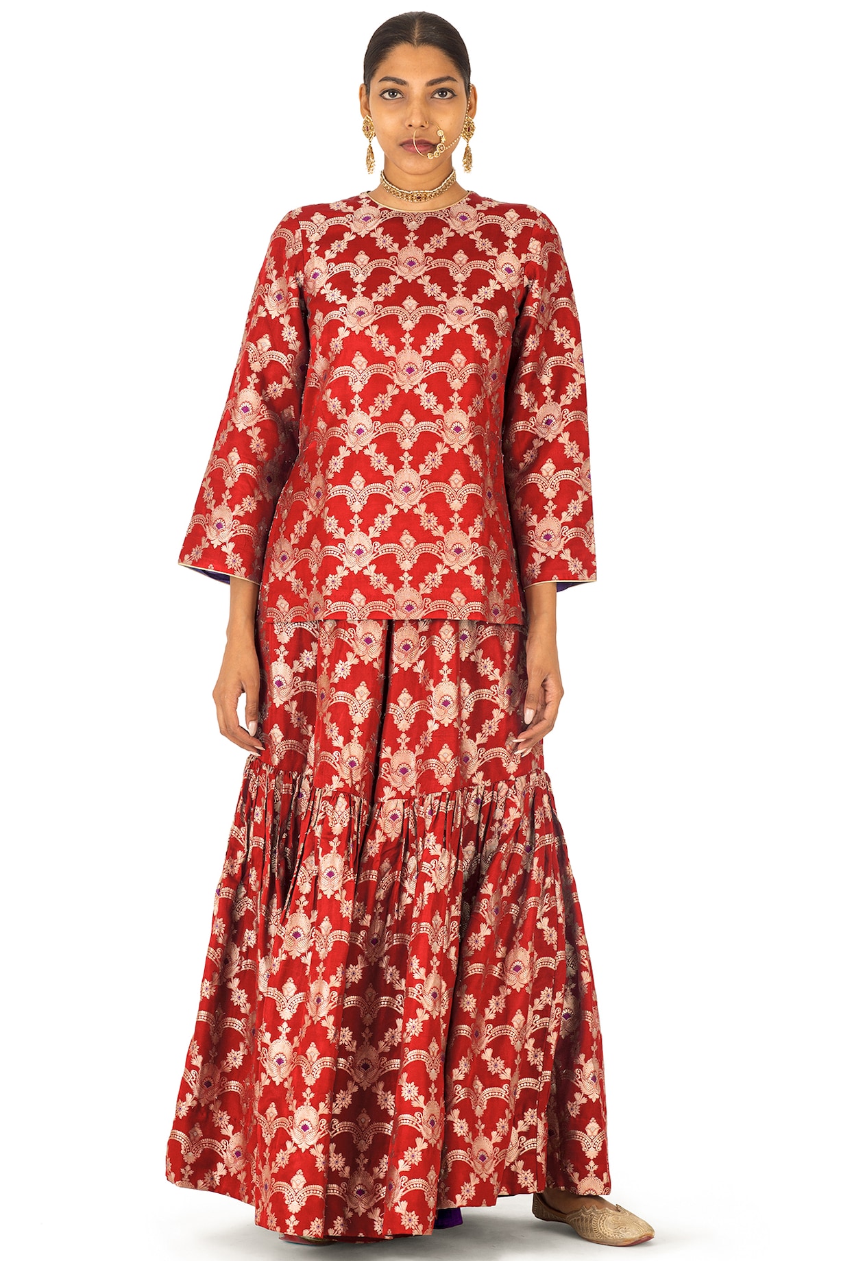 Red Silk Brocade Floral Jaal Gharara Set by Raw Mango at Pernia's