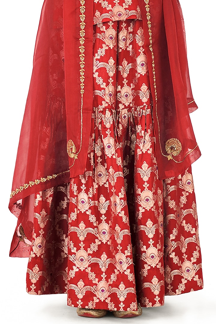Red Silk Brocade Floral Jaal Gharara Set by Raw Mango at Pernia's Pop Up Shop