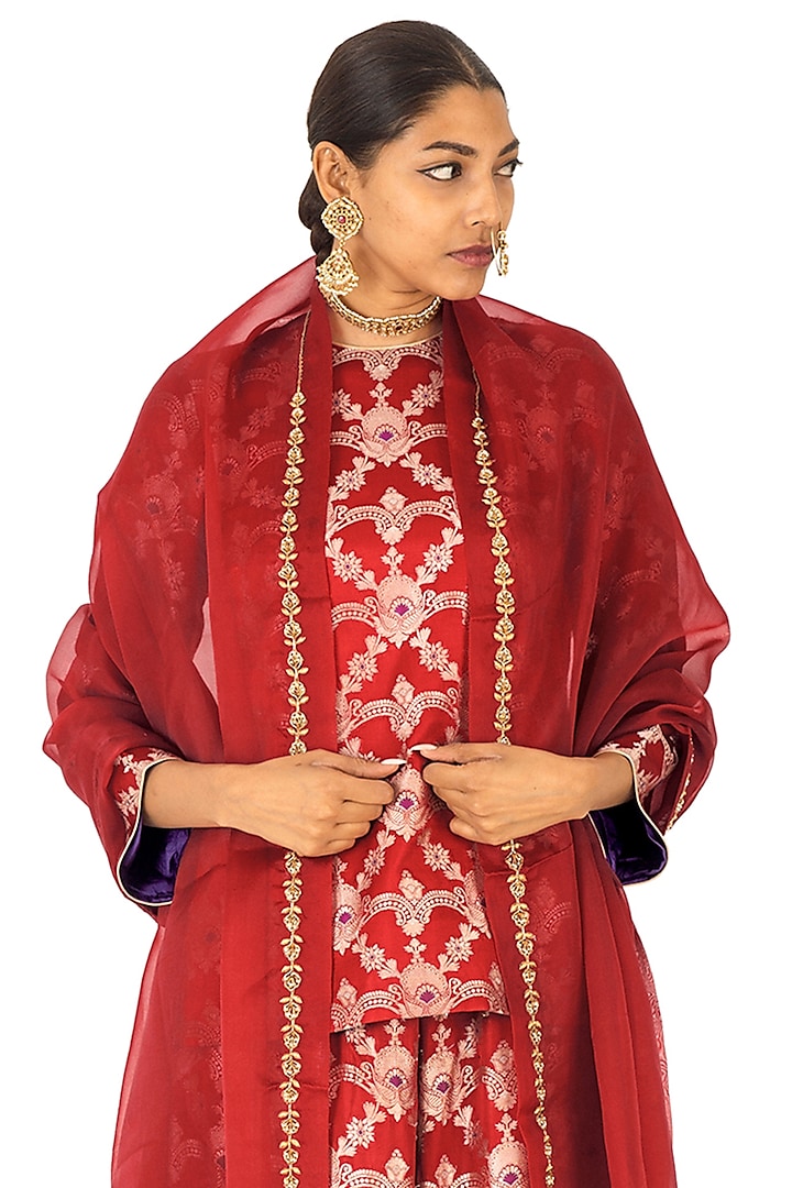 Red Silk Brocade Floral Jaal Gharara Set by Raw Mango at Pernia's Pop Up Shop