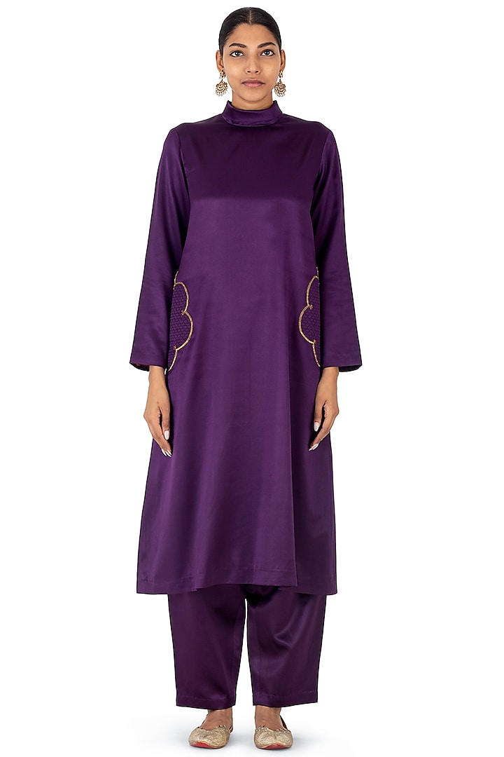 Purple Satin Silk Quilted Patchwork Kurta Set by Raw Mango at Pernia's Pop Up Shop