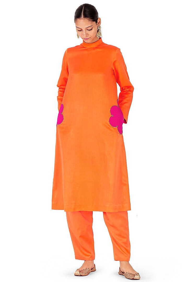 Orange Satin Silk Quilted Patchwork Kurta Set by Raw Mango at Pernia's Pop Up Shop