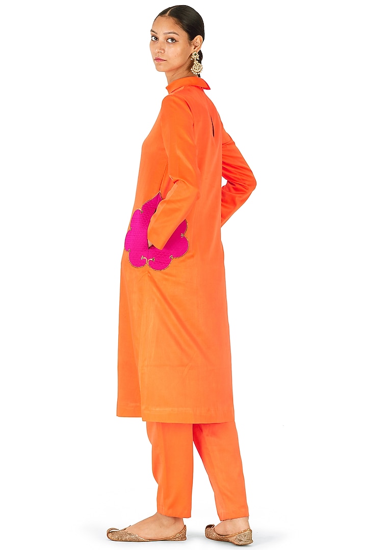 Orange Satin Silk Quilted Patchwork Kurta Set by Raw Mango at Pernia's Pop Up Shop