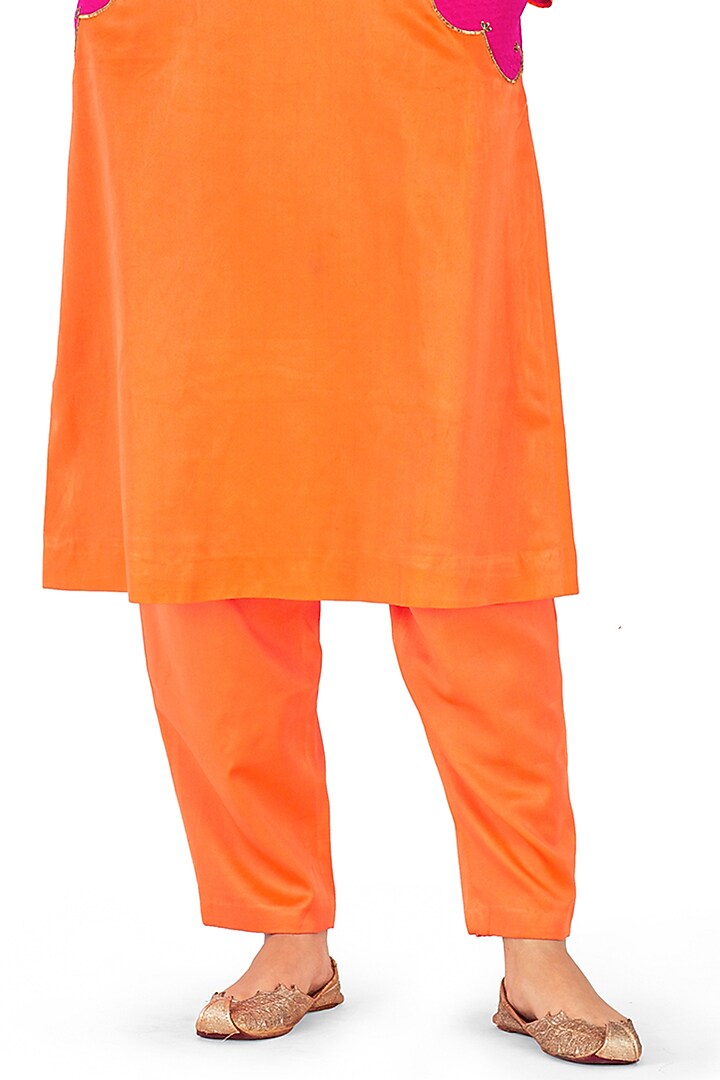 Orange Satin Silk Quilted Patchwork Kurta Set by Raw Mango at Pernia's Pop Up Shop