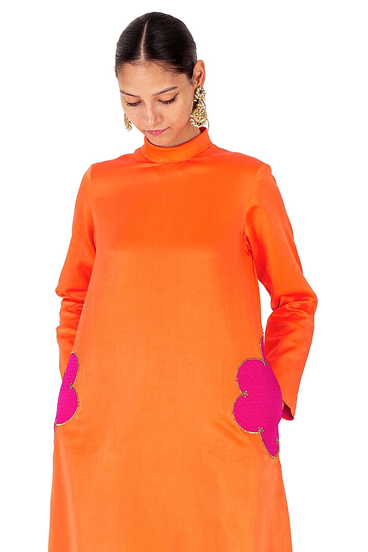 Orange Satin Silk Quilted Patchwork Kurta Set by Raw Mango at Pernia's Pop Up Shop