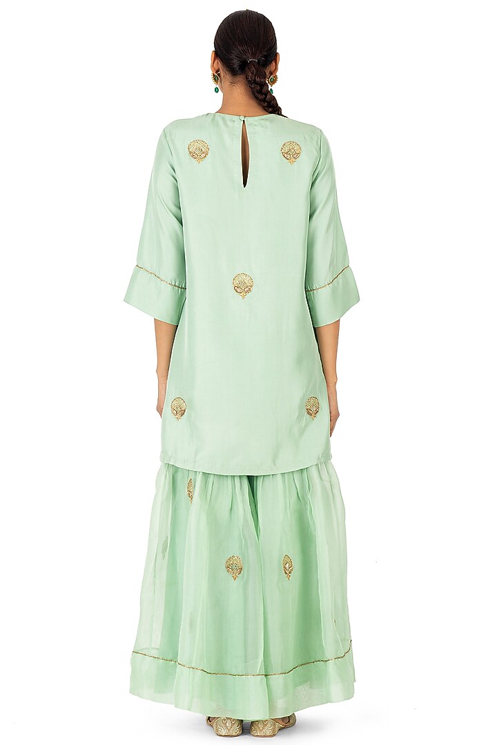 Mint Green Satin Silk Boota Hand Embroidered Gharara Set by Raw Mango at Pernia's Pop Up Shop