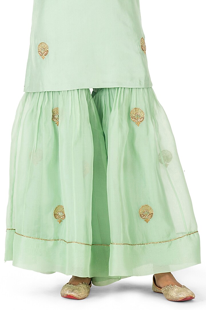 Mint Green Satin Silk Boota Hand Embroidered Gharara Set by Raw Mango at Pernia's Pop Up Shop