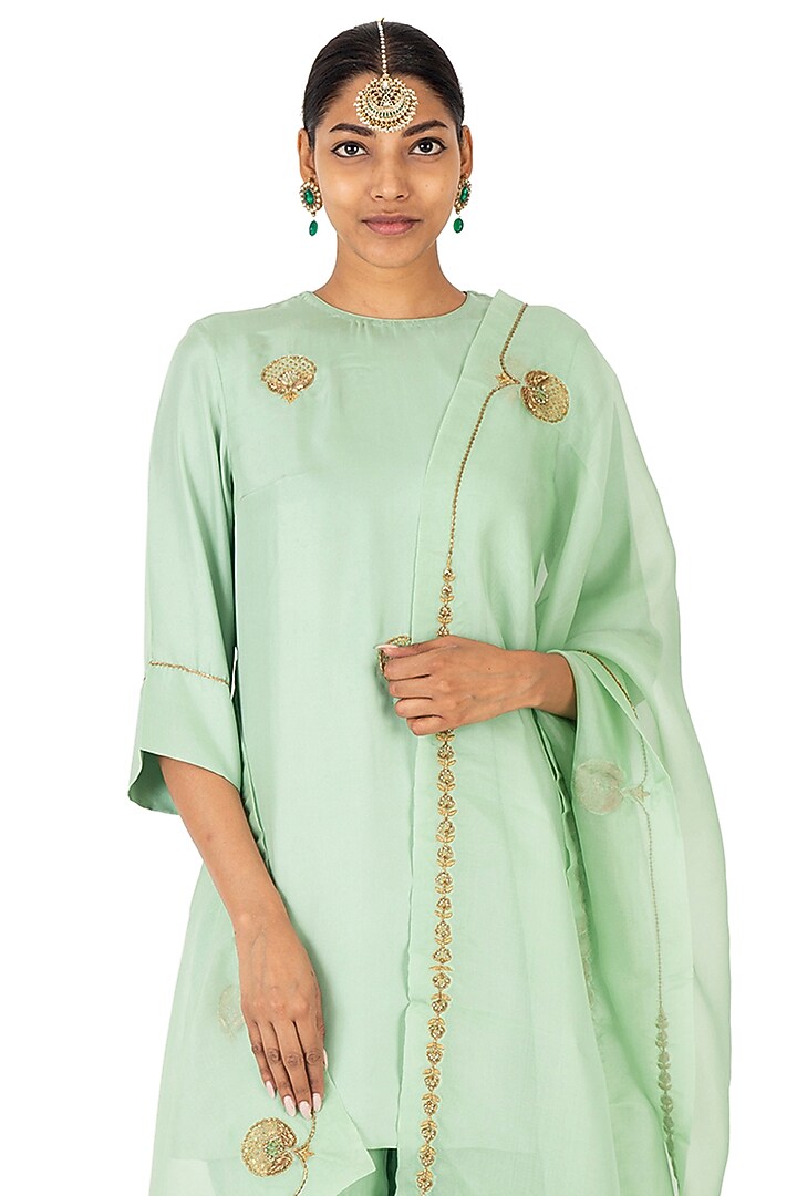 Mint Green Satin Silk Boota Hand Embroidered Gharara Set by Raw Mango at Pernia's Pop Up Shop