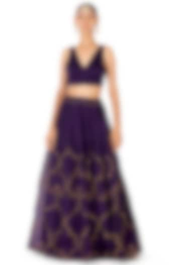 Deep Purple Sheer Organza Motif Embroidered Bridal Lehenga by Raw Mango at Pernia's Pop Up Shop