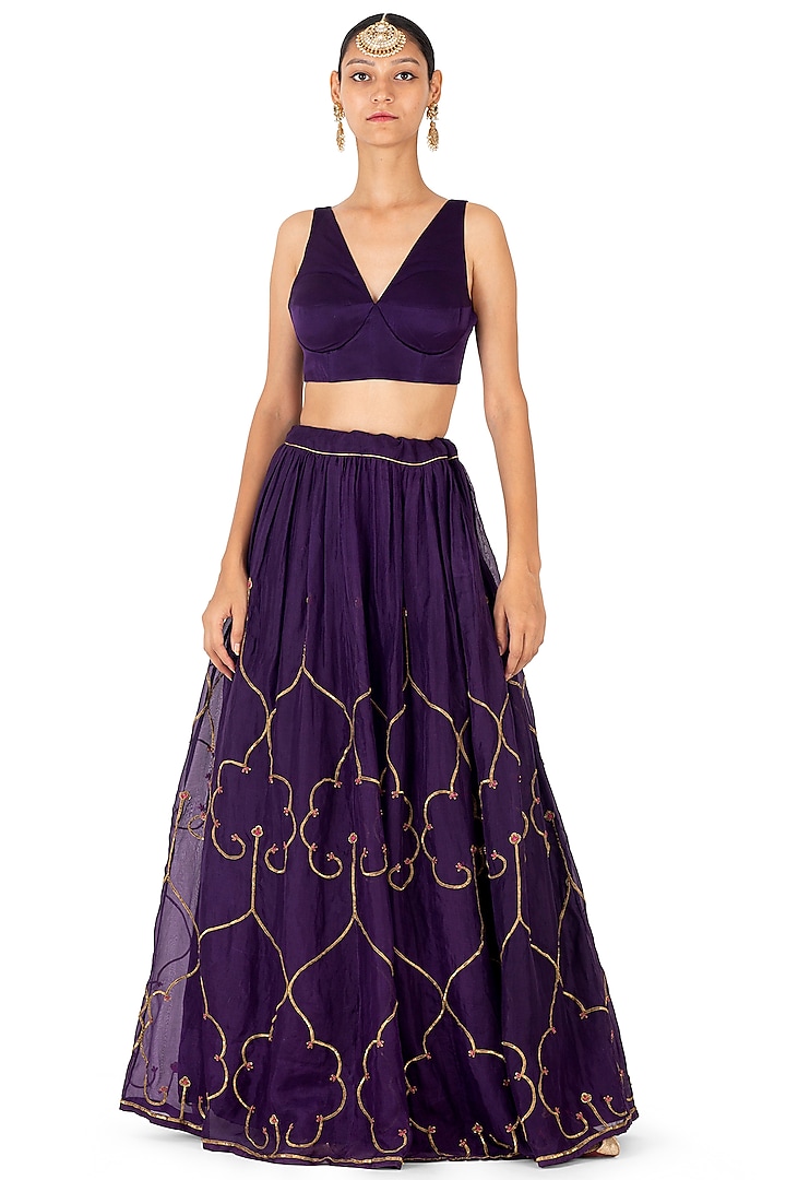 Deep Purple Sheer Organza Motif Embroidered Bridal Lehenga by Raw Mango at Pernia's Pop Up Shop