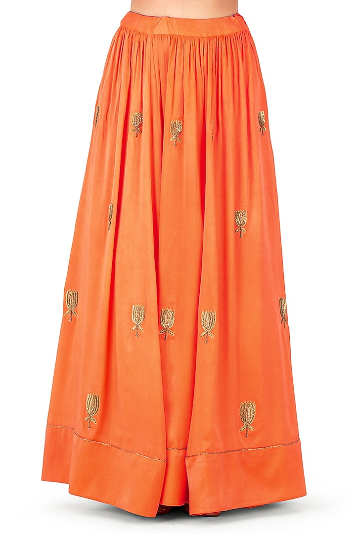 Rust Satin Silk Floral Boota Hand Embroidered Wedding Lehenga by Raw Mango at Pernia's Pop Up Shop