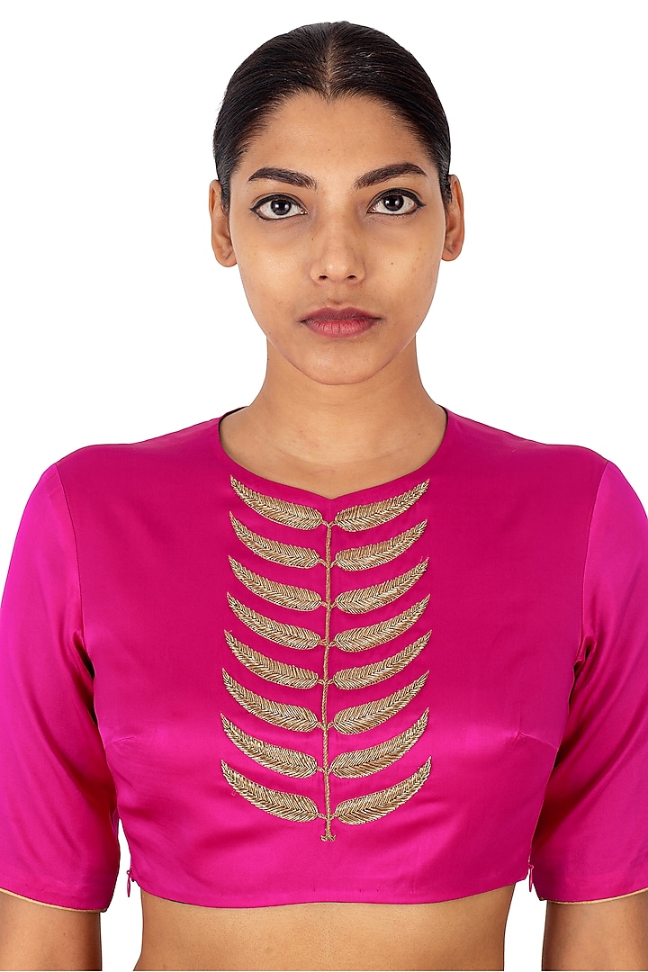 Rani Pink Silk Leaf Motif Hand Embroidered Blouse by Raw Mango